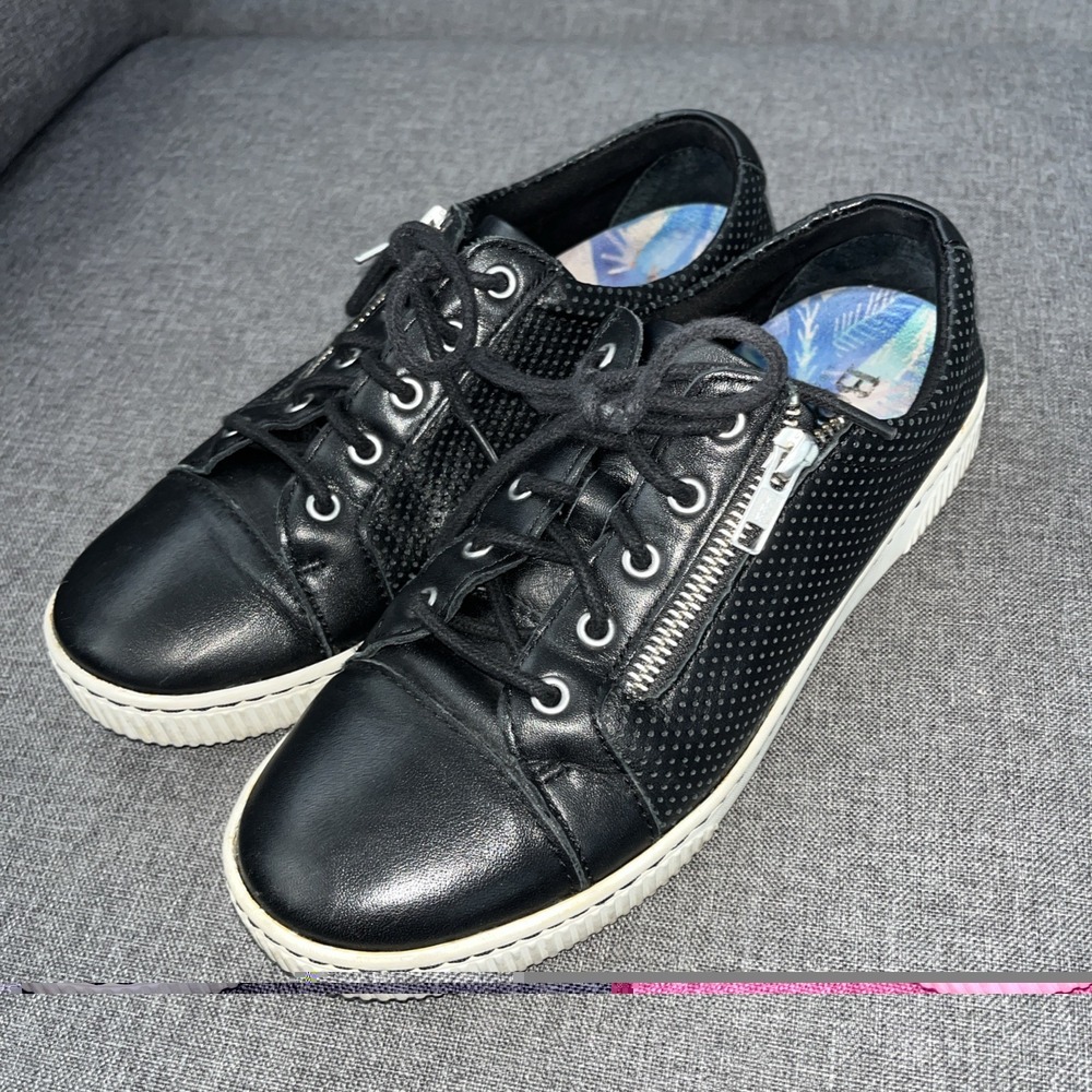 Born Paloma Black Leather Side Zip Lace Up Sneakers Women  7.5 Comfort Casual